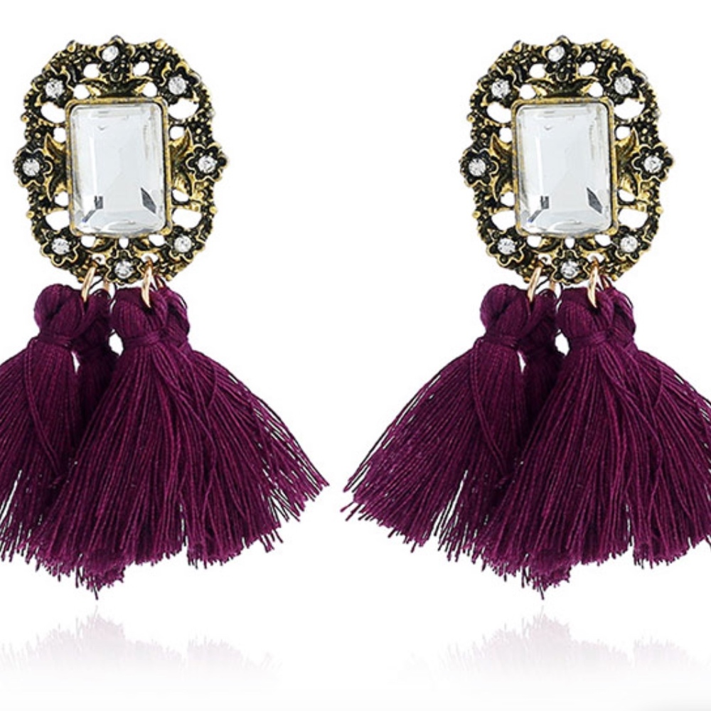 Purple Fringe Tassel Gemstone Stud Dangle Earrings - Picture 3 of 7